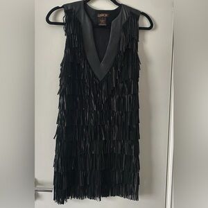 Vintage LaRok Leather Harmony Black Fringe Mini Dress - size XS Club